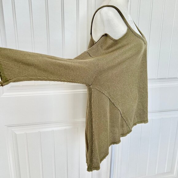 ANTHROPOLOGIE Deletta Millipa Cold Shoulder Waffle Knit Olive Swing Top - Med - Picture 7 of 13